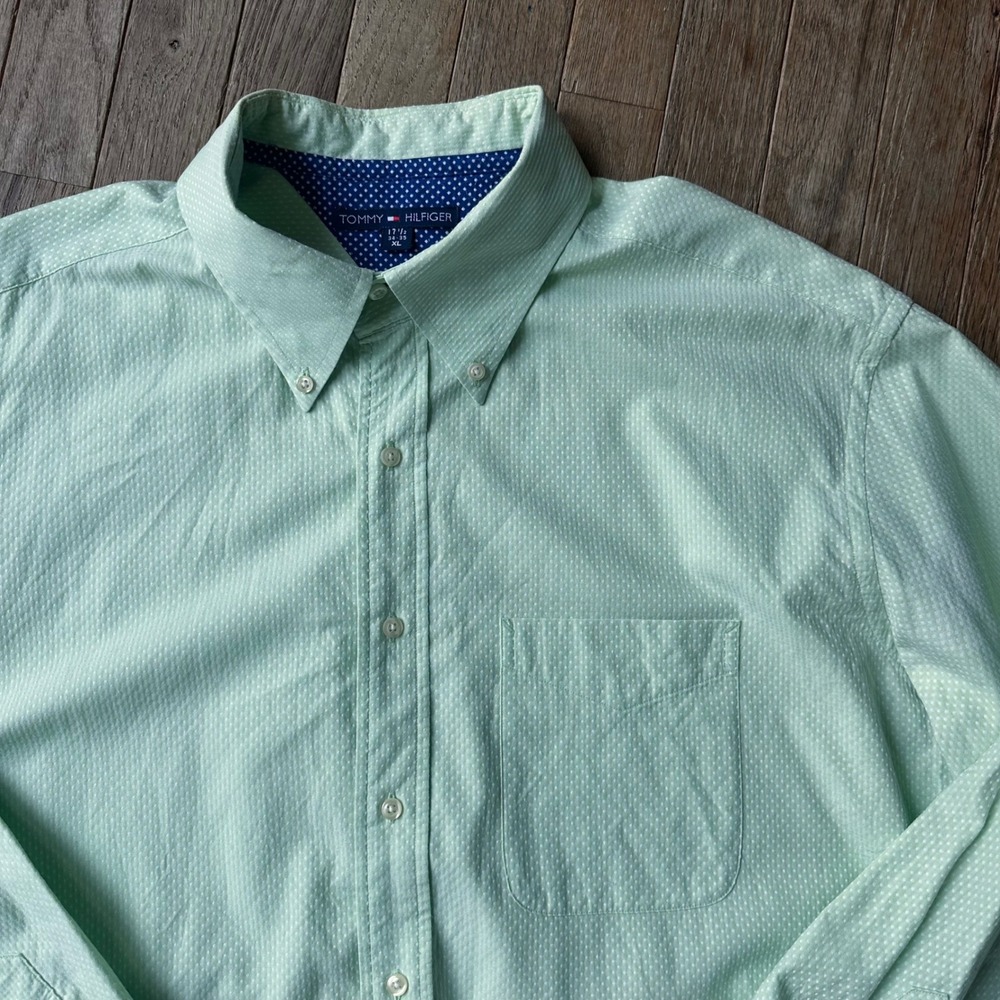Vintage Tommy Hilfiger Button Down Shirt Mens XL‎ Seersucker Polka Dot Green Y2K